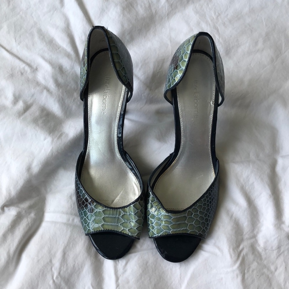 Liz Claiborne snakeprint peep toe heels.